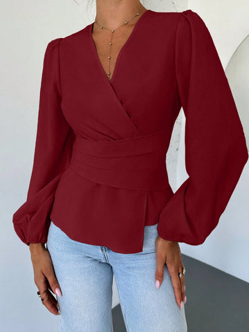 Firerie Women's Design Sense Commuter Blouse, Apricot V-Neck Cinched Waist Puff Long Sleeve Shirt