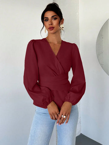 Firerie Women's Design Sense Commuter Blouse, Apricot V-Neck Cinched Waist Puff Long Sleeve Shirt