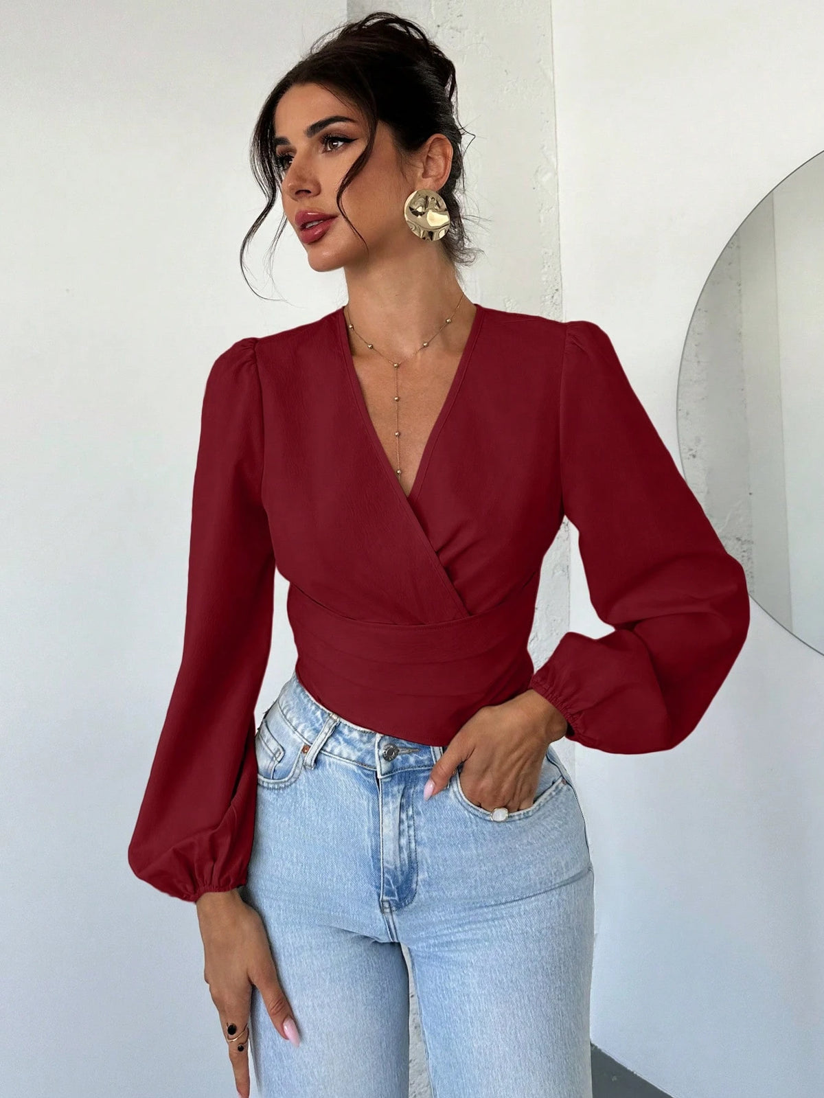 Firerie Women's Design Sense Commuter Blouse, Apricot V-Neck Cinched Waist Puff Long Sleeve Shirt