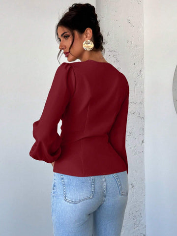 Firerie Women's Design Sense Commuter Blouse, Apricot V-Neck Cinched Waist Puff Long Sleeve Shirt