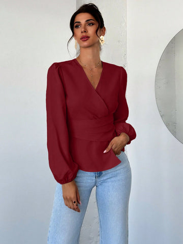 Firerie Women's Design Sense Commuter Blouse, Apricot V-Neck Cinched Waist Puff Long Sleeve Shirt