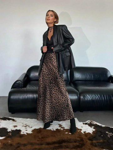 Firerie Women's Elegant Leopard Print High Waist Satin Skirt