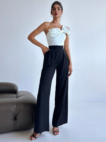 Women's Elegant One Shoulder Bodysuit With Bowknot