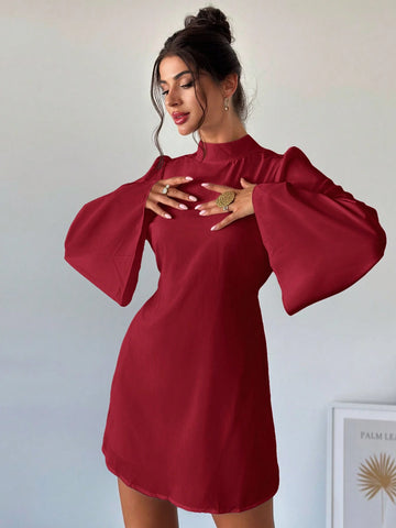 Firerie Women's Elegant Simple White Stand Collar Flare Sleeve Backless A-Line Mini Dress