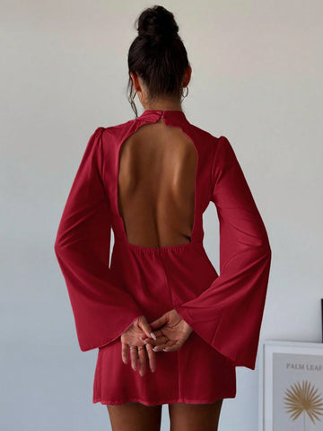 Firerie Women's Elegant Simple White Stand Collar Flare Sleeve Backless A-Line Mini Dress