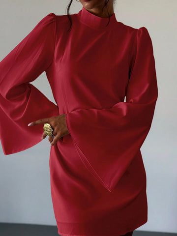 Firerie Women's Elegant Simple White Stand Collar Flare Sleeve Backless A-Line Mini Dress