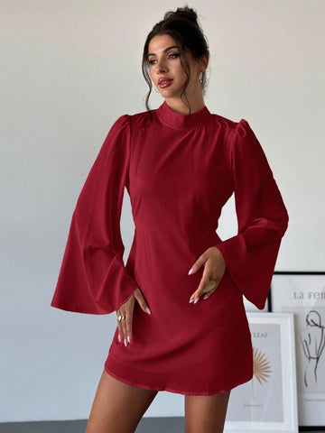 Firerie Women's Elegant Simple White Stand Collar Flare Sleeve Backless A-Line Mini Dress