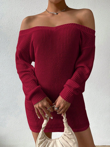 Firerie Women's Off Shoulder Plain Color Long Sleeve Casual Short Mini Dress