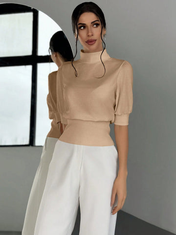 Women's Solid Color Stand Collar Waist Cinched Bubble Sleeve T-Shirt, Elegant And Suitable For Going Out In Spring And Summer