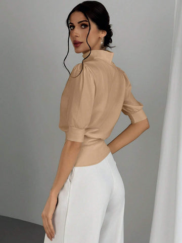 Women's Solid Color Stand Collar Waist Cinched Bubble Sleeve T-Shirt, Elegant And Suitable For Going Out In Spring And Summer