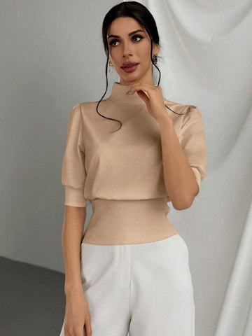 Women's Solid Color Stand Collar Waist Cinched Bubble Sleeve T-Shirt, Elegant And Suitable For Going Out In Spring And Summer