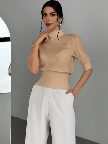 Women's Solid Color Stand Collar Waist Cinched Bubble Sleeve T-Shirt, Elegant And Suitable For Going Out In Spring And Summer