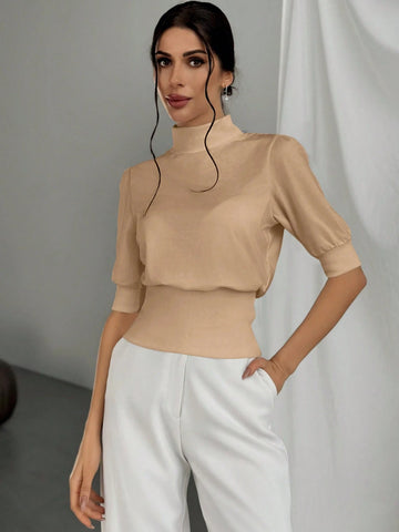 Women's Solid Color Stand Collar Waist Cinched Bubble Sleeve T-Shirt, Elegant And Suitable For Going Out In Spring And Summer