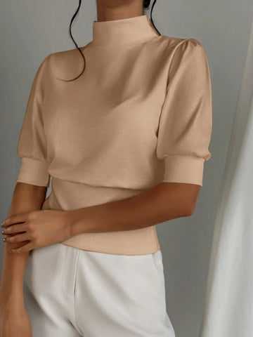 Women's Solid Color Stand Collar Waist Cinched Bubble Sleeve T-Shirt, Elegant And Suitable For Going Out In Spring And Summer