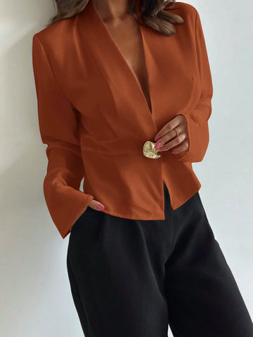 Women's Wrap Around Metal Decor Long Sleeve Office Shirt