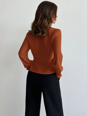 Women's Wrap Around Metal Decor Long Sleeve Office Shirt