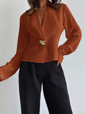 Women's Wrap Around Metal Decor Long Sleeve Office Shirt