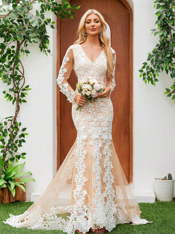 Fish-Tail Long Floor-Length Sheer Embroidered Lace Long Sleeve Wedding Bridal Dress
