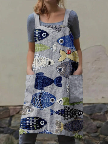 Fish Print Dual Pocket Overall Dress Without Tee