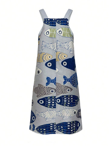 Fish Print Dual Pocket Overall Dress Without Tee