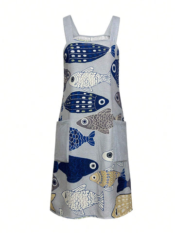 Fish Print Dual Pocket Overall Dress Without Tee