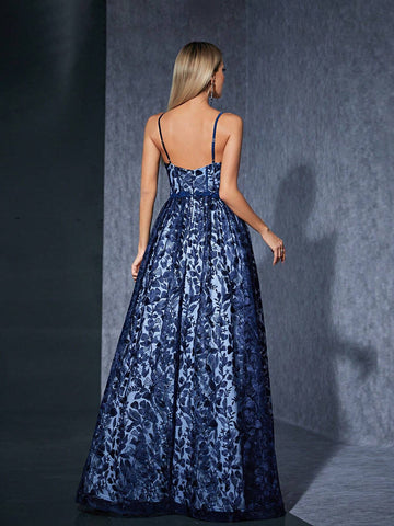 V-Neck Embroidered Lace Maxi Dress With Flowy Hemline