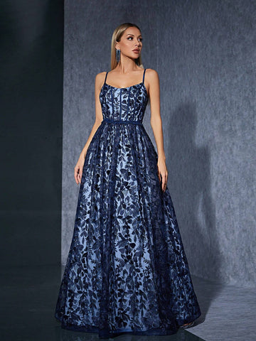 Fishbone Embroidered Mesh Dress With 3D Lace Hemline And Spaghetti Straps, Perfect For Bridesmaid