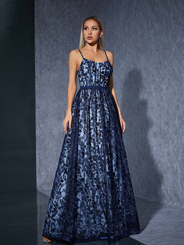 V-Neck Embroidered Lace Maxi Dress With Flowy Hemline