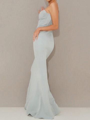 Fishbone Pile & Pleated Waist Cinching Mermaid Strapless Evening Dress