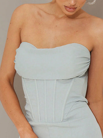 Fishbone Pile & Pleated Waist Cinching Mermaid Strapless Evening Dress