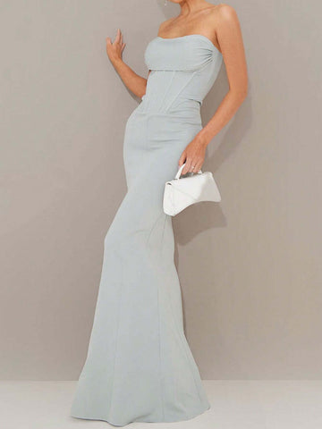 Fishbone Pile & Pleated Waist Cinching Mermaid Strapless Evening Dress