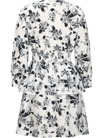 Fitted Printed V-Neck Ruched Long Sleeve Sexy Dress