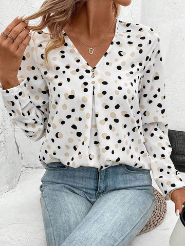 Polka Dot Print Button Placket V-Neck Shirt For Women
