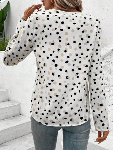 Polka Dot Print Button Placket V-Neck Shirt For Women