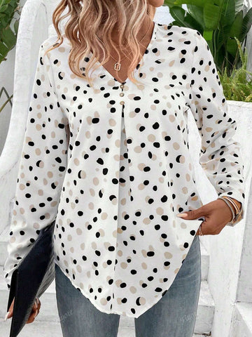 Polka Dot Print Button Placket V-Neck Shirt For Women