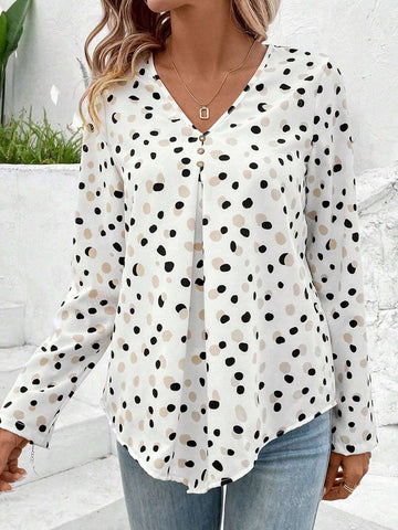Polka Dot Print Button Placket V-Neck Shirt For Women