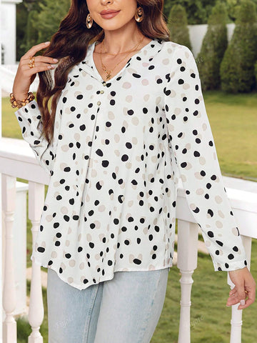 Polka Dot Print Button Placket V-Neck Shirt For Women