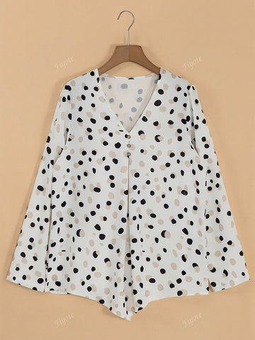Polka Dot Print Button Placket V-Neck Shirt For Women