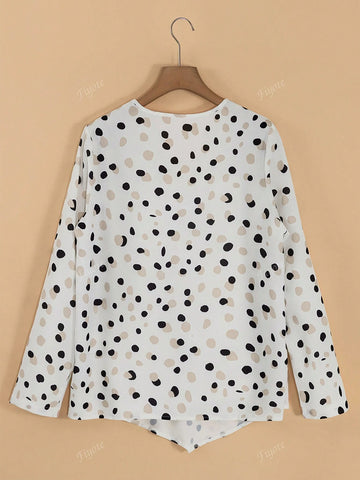 Polka Dot Print Button Placket V-Neck Shirt For Women