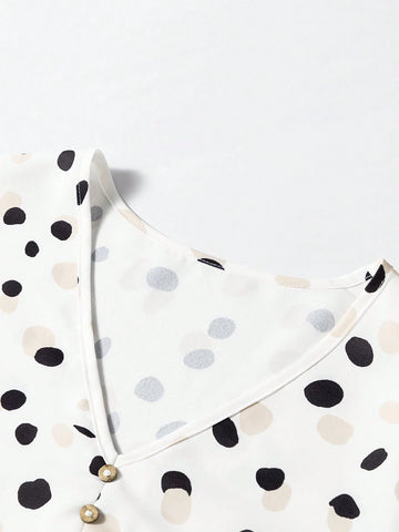 Polka Dot Print Button Placket V-Neck Shirt For Women