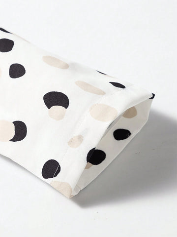 Polka Dot Print Button Placket V-Neck Shirt For Women