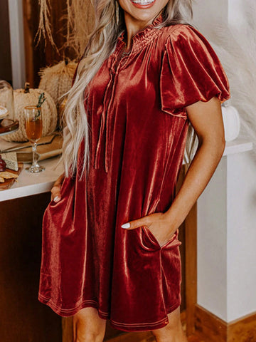 Fiyote Cinnamon Velvet Ruched Collar Puff Sleeve Mini Dress