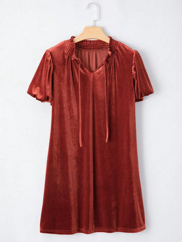 Fiyote Cinnamon Velvet Ruched Collar Puff Sleeve Mini Dress