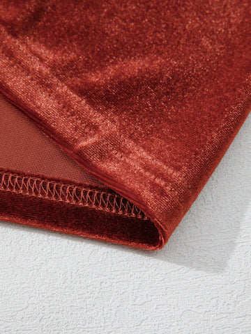 Fiyote Cinnamon Velvet Ruched Collar Puff Sleeve Mini Dress