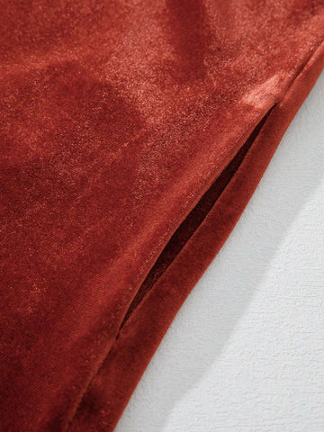 Fiyote Cinnamon Velvet Ruched Collar Puff Sleeve Mini Dress