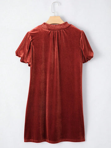 Fiyote Cinnamon Velvet Ruched Collar Puff Sleeve Mini Dress