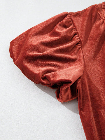 Fiyote Cinnamon Velvet Ruched Collar Puff Sleeve Mini Dress