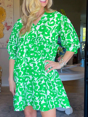 Fiyote Green Floral Print Puff Sleeve Ruffle Trim High Waist V-Neck Babydoll Dress