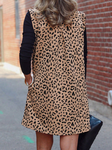 Fiyote Khaki Leopard Print V-Neck Sleeveless Mini Dress