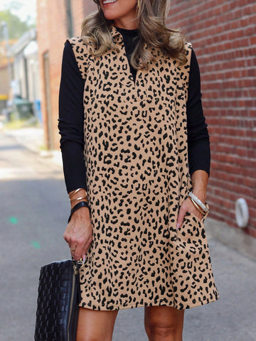 Fiyote Khaki Leopard Print V-Neck Sleeveless Mini Dress